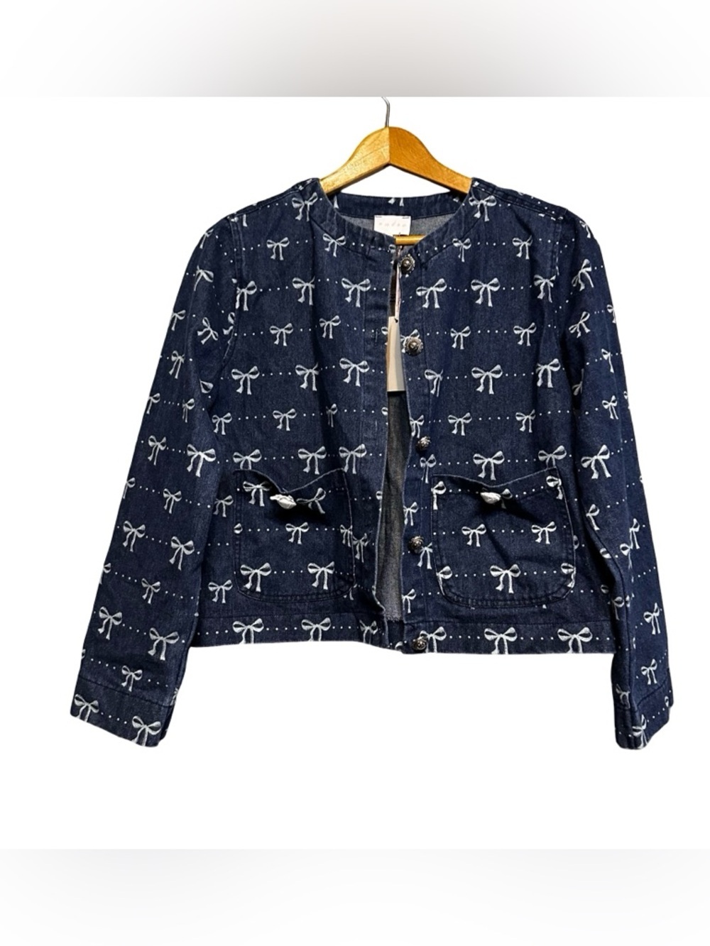 NWT Entro Blue Bow Print Denim Jacket Size Small Dark Wash Girly Boho Chic